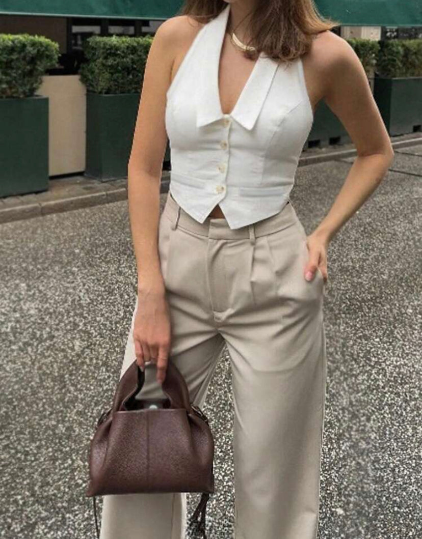 Belleza clásica camisa de botones sin mangas F25NR08