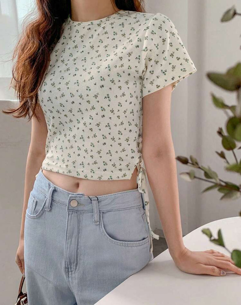 Camiseta floral con cordon lateral N25WQ09
