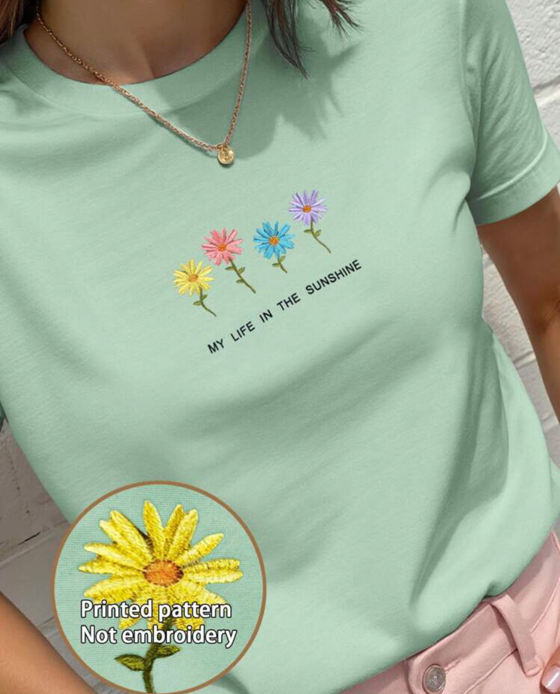 Camiseta manga corta cuello redondo con bordado de flores verde menta A25QA07