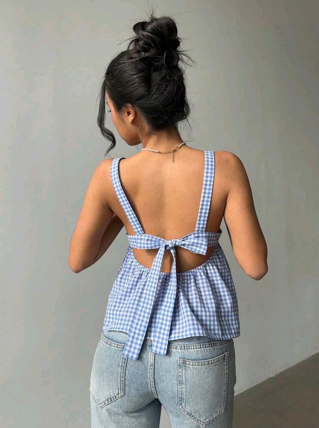 Blusa de verano para mujer a cuadros azul y blanco A25QA04