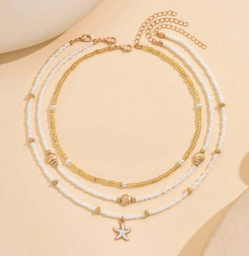 Set 3 piezas collares de cuentas, bahía dorada AG25TS010