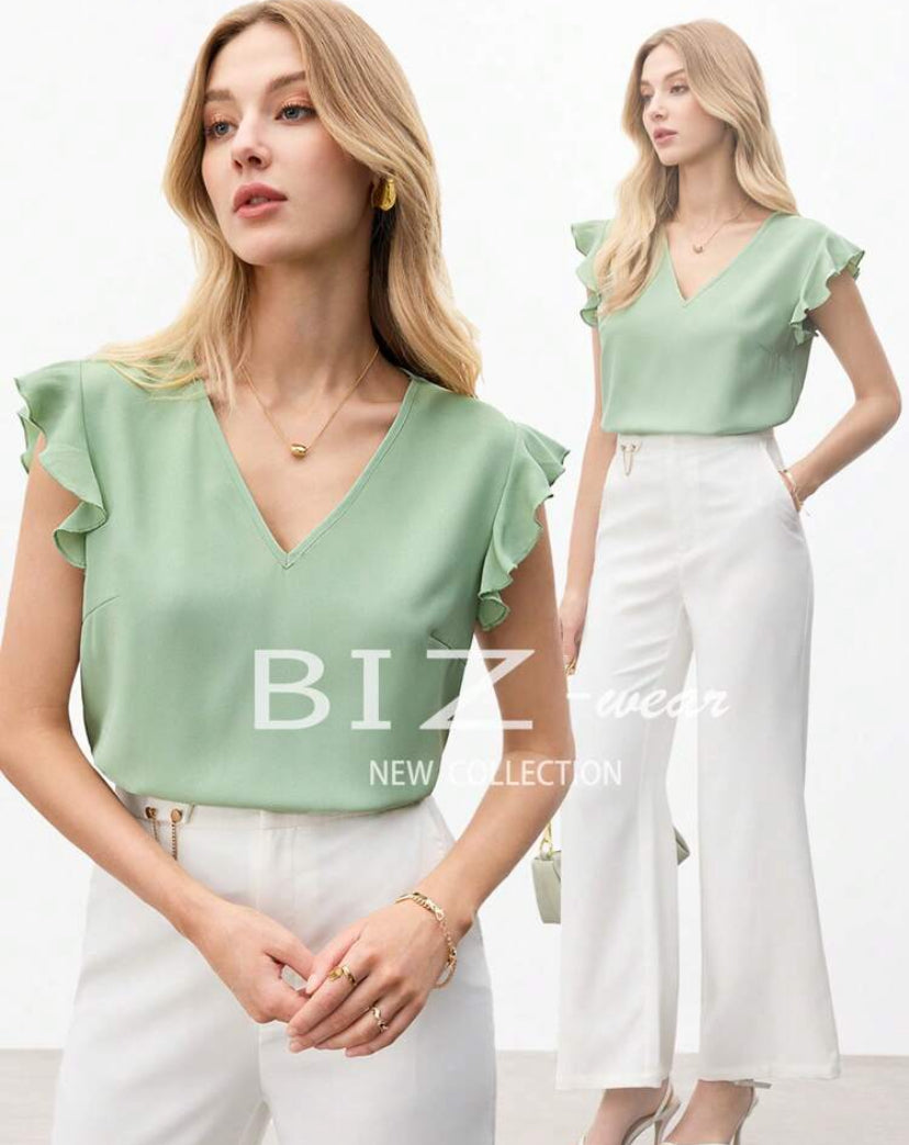 Camiseta casual de cuello V con volantes A25PQ04