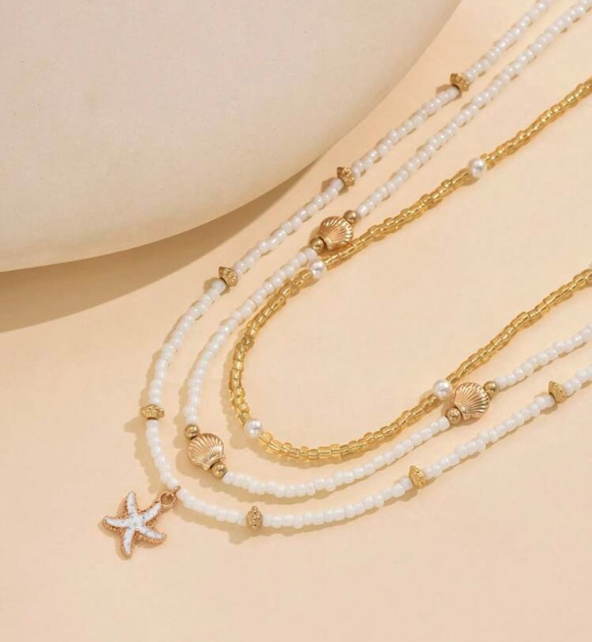 Set 3 piezas collares de cuentas, bahía dorada AG25TS010