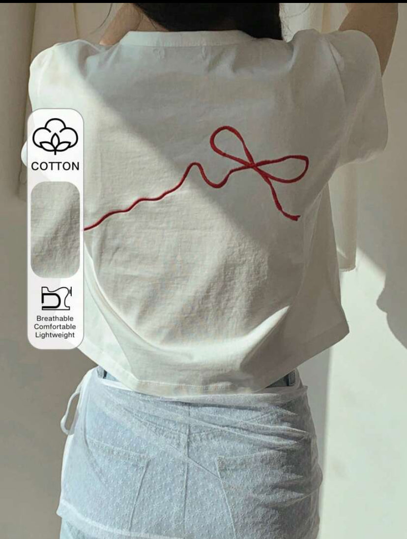 Camiseta casual de mujer de cuello redondo y bordado A25PH09