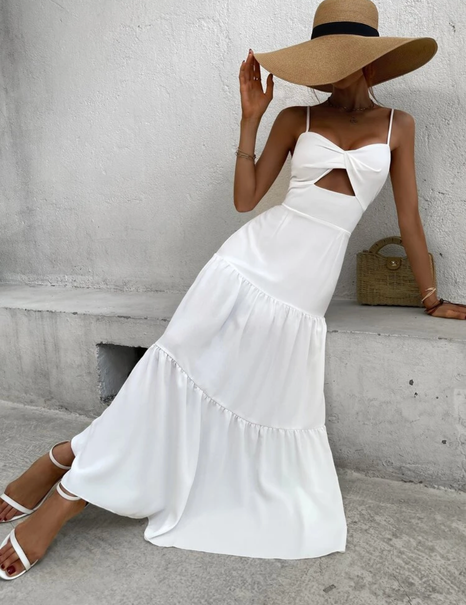 Blanco radiante vestido de tirantes largo M25ÑT05