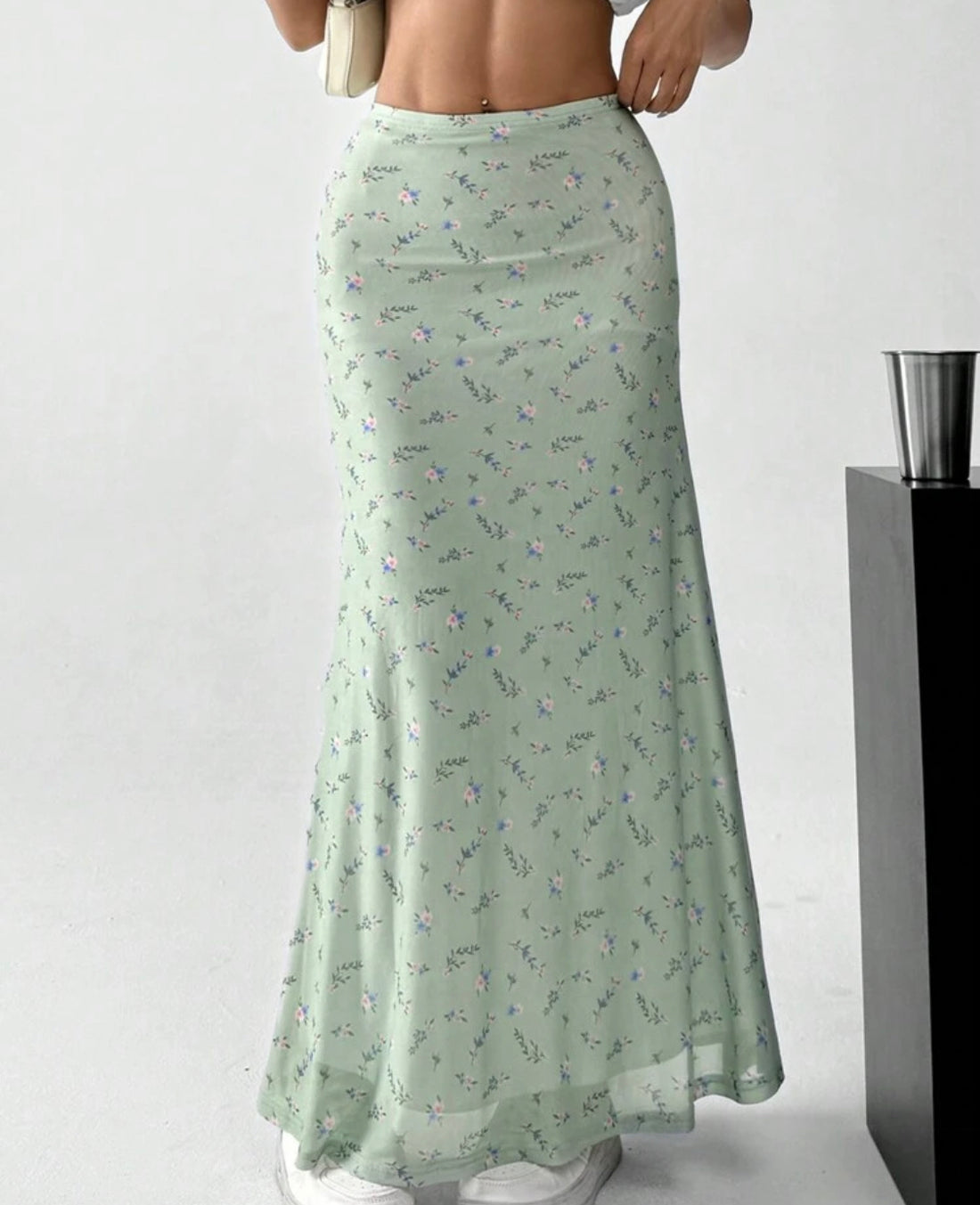 Falda de dobladillo de sirena floral disy verde A25QB01