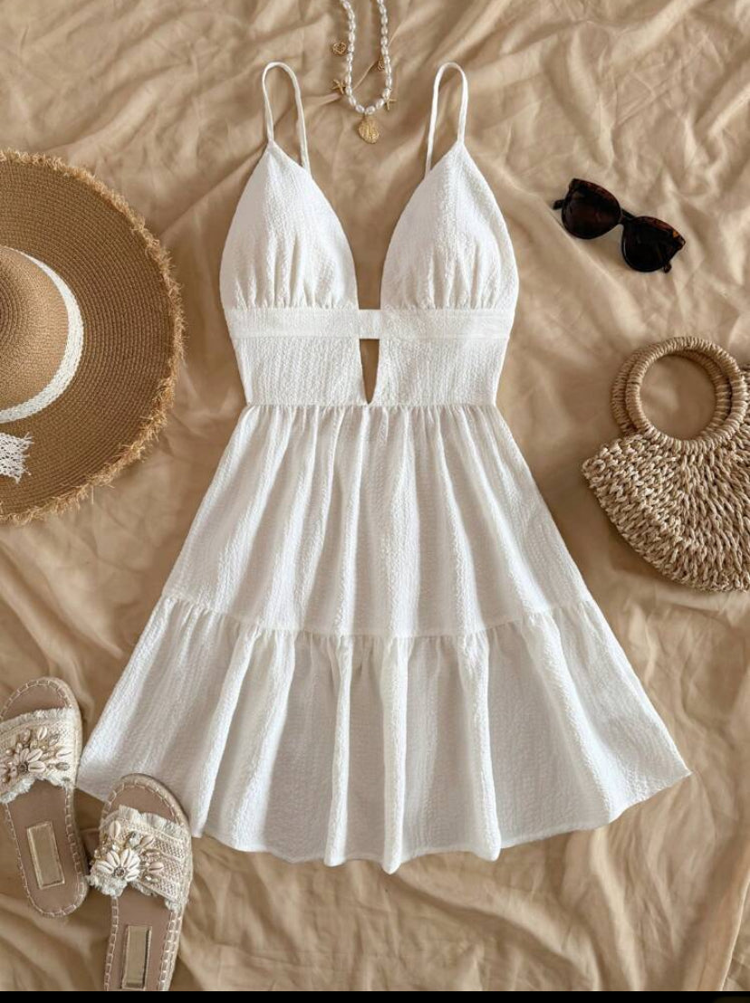 Vestido blanco castúa con cuello en V A25PK09