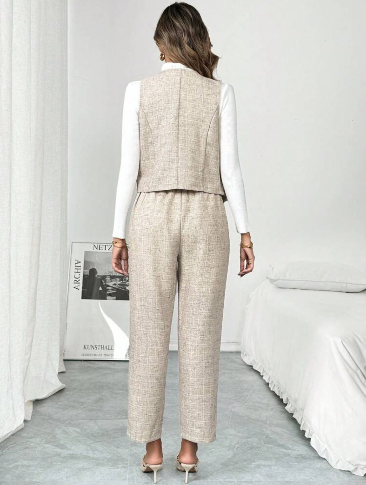 Amanecer Beige Conjunto de chaleco y pantalones M25ÑV02