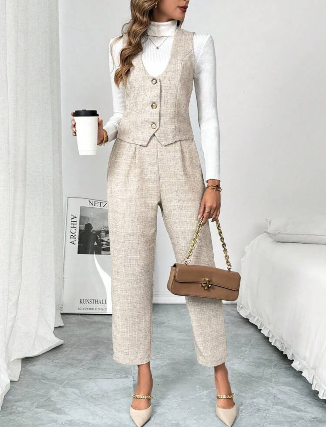 Amanecer Beige Conjunto de chaleco y pantalones M25ÑV02