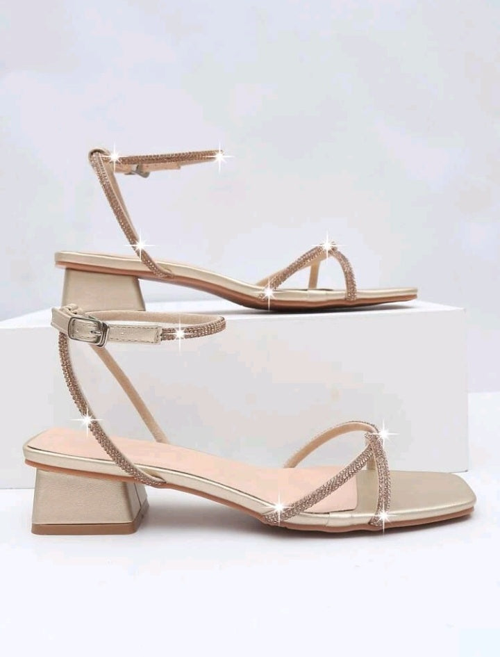 Sandalias de Tacón Grueso con Decoración de Diamantes (906)