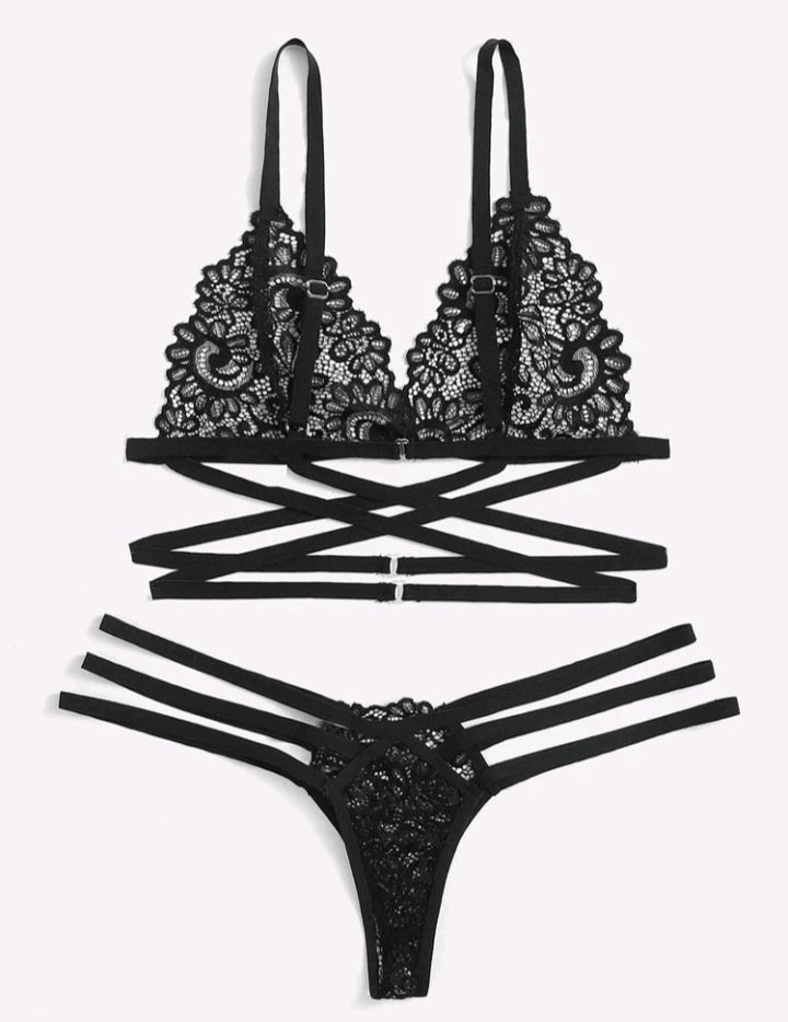 Conjunto de Ropa Interior de Encaje y Tirantes Cruzados (230)