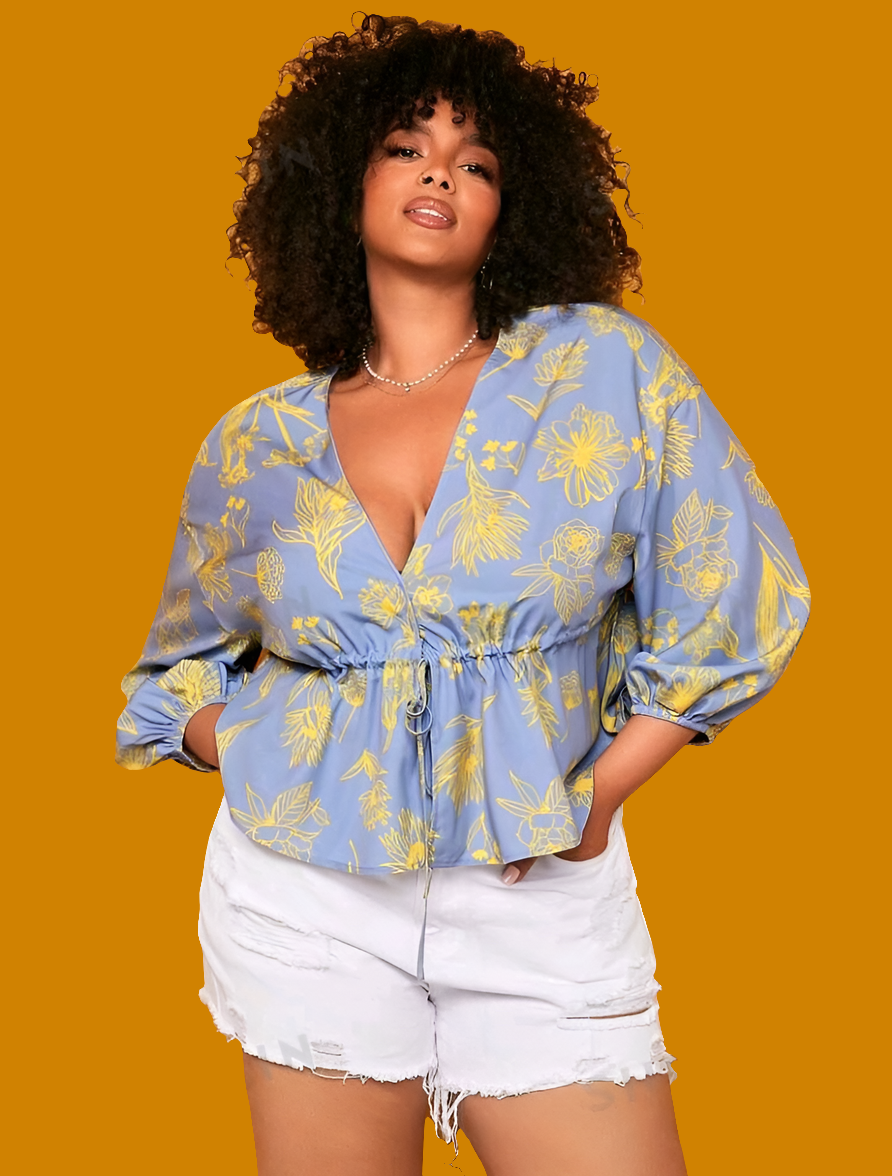 Blusa de Manga Linterna y Cuello V HX09