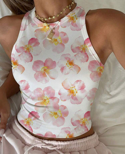 Top ajustado de tank con cuello redondo estampado floral rosa A25QC03