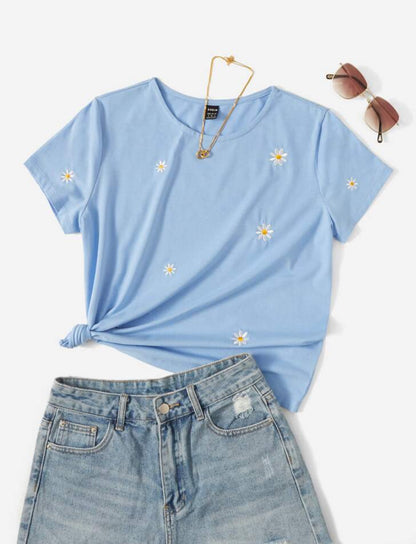 Camiseta de manga corta con bordado floral casual A25PT02