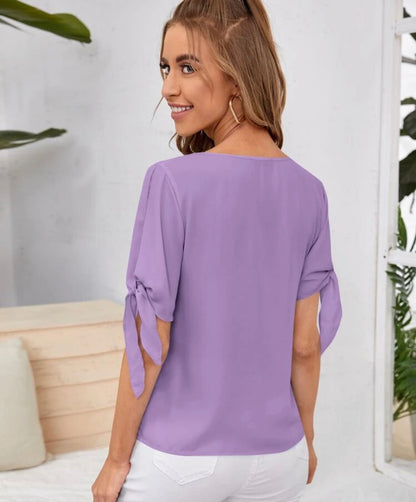 Blusa de manga corta con puño anudado púrpura malva A25PZ07