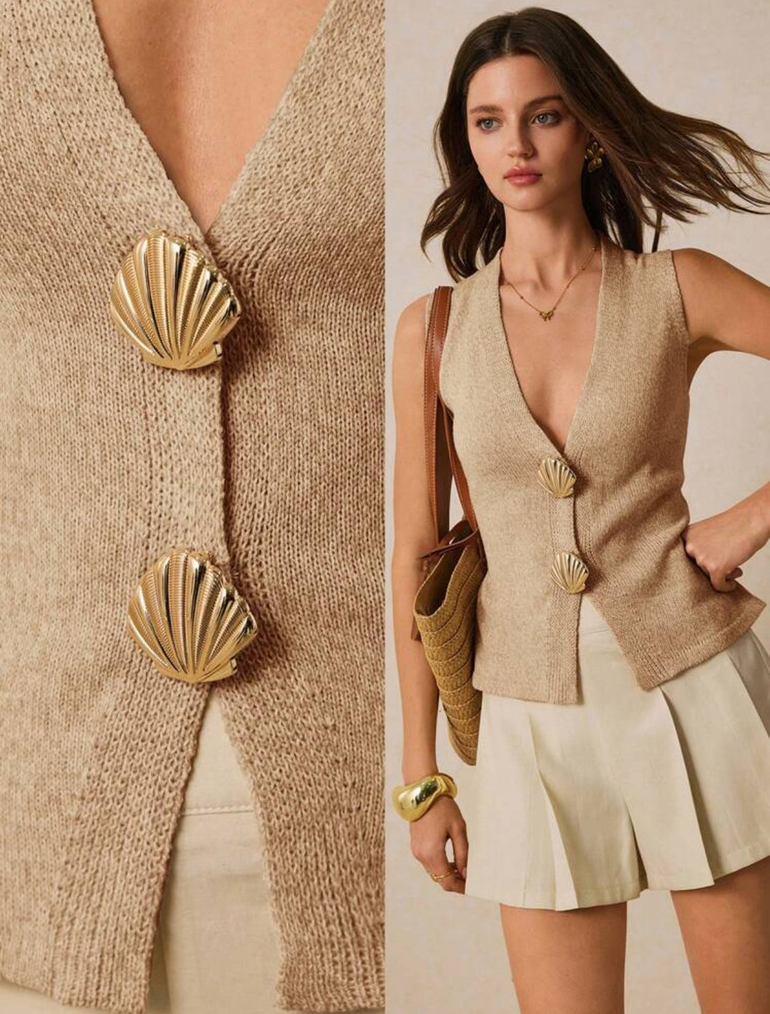 Camiseta de cardigan sin mangas con decoración de concha A25PP06