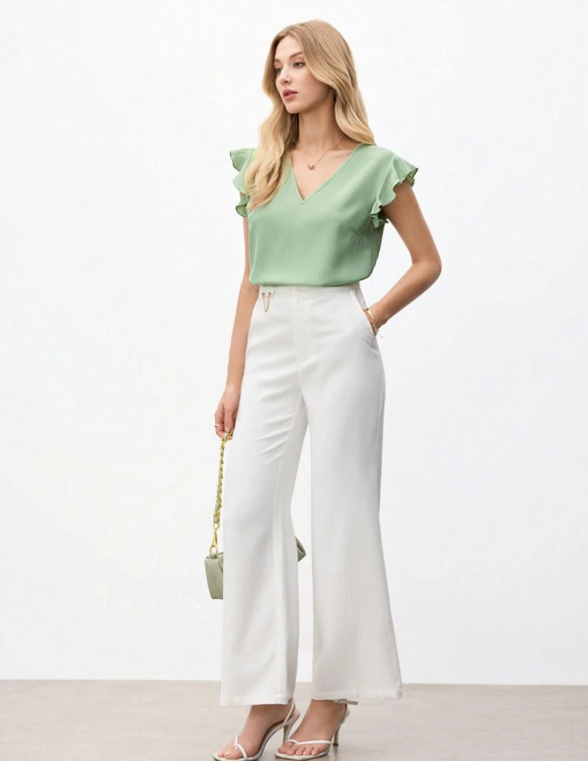 Camiseta casual de cuello V con volantes A25PQ04