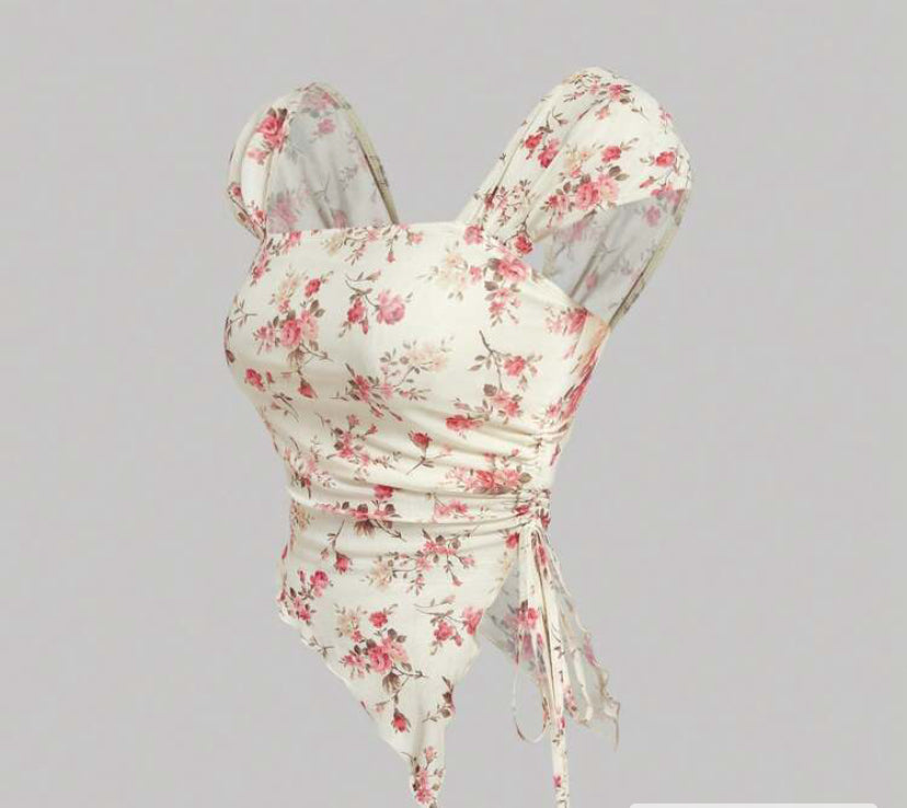 Blusa beige con estampado floral rosa AG25TS09