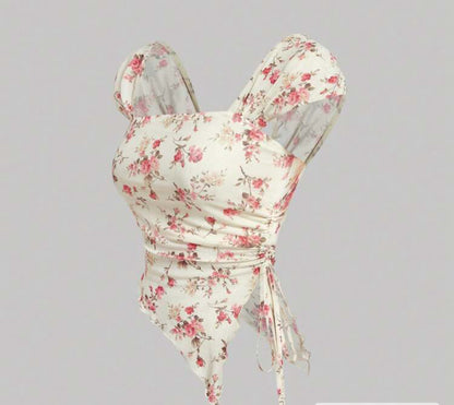 Blusa beige con estampado floral rosa AG25TS09