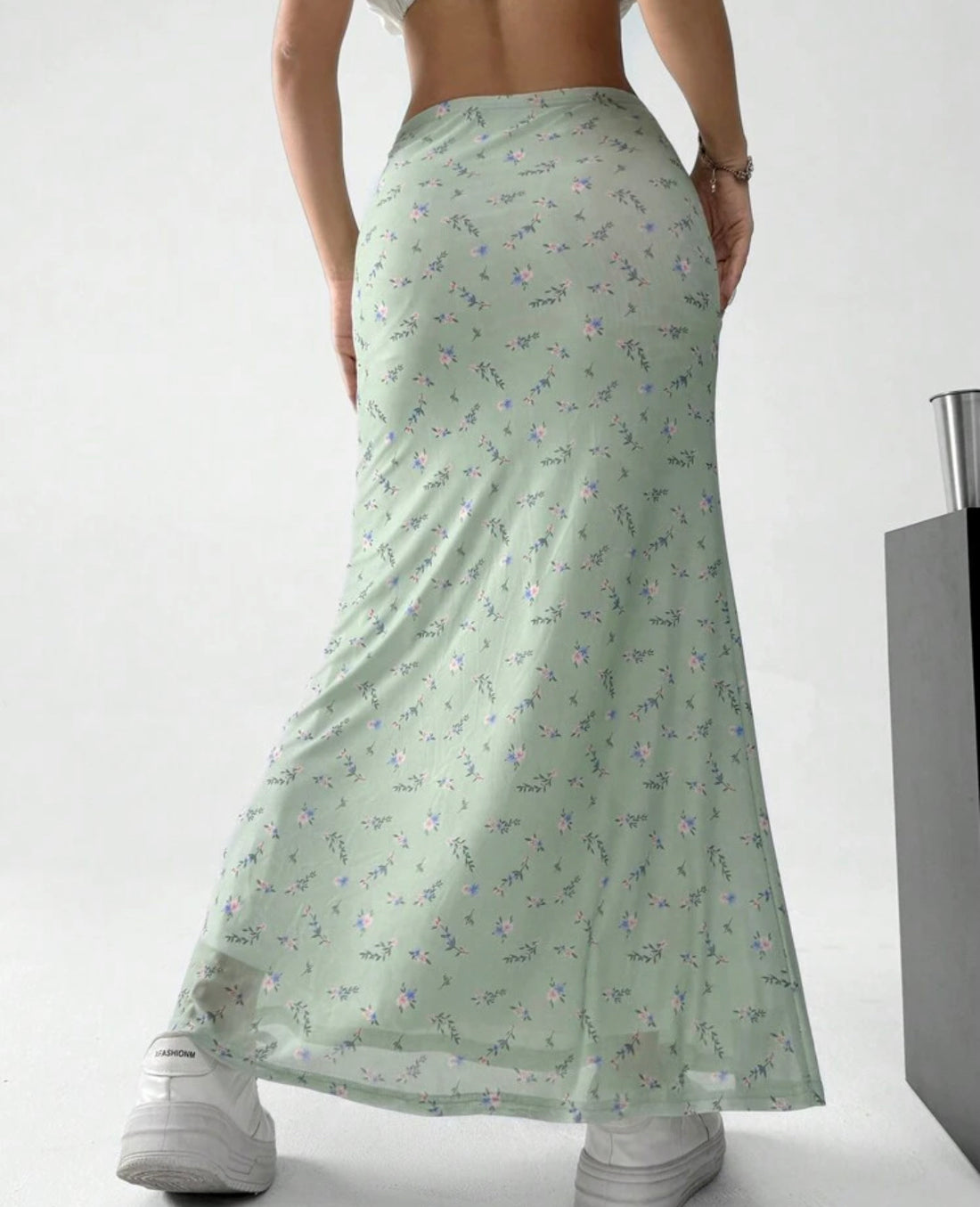 Falda de dobladillo de sirena floral disy verde A25QB01