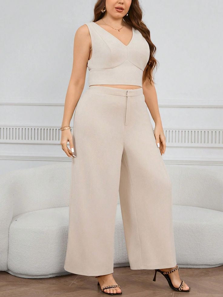 Top Corto con Cuello V y Pantalones Anchos de Cintura Alta (307)