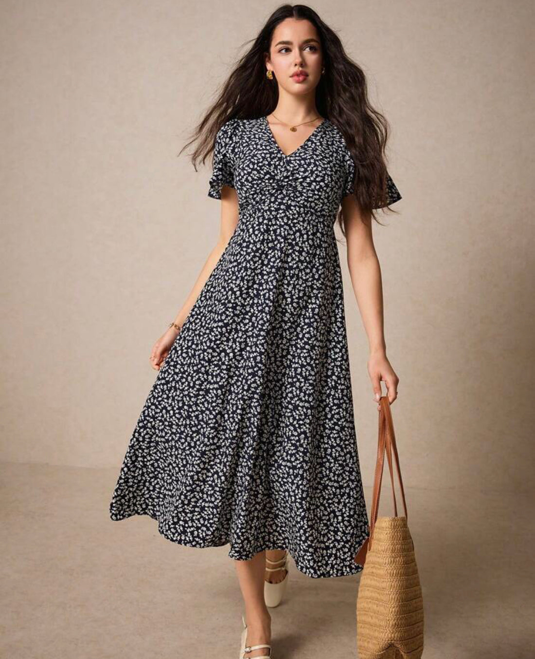 Vestido de estampado floral para mujer con nudo retorcido A25QF010