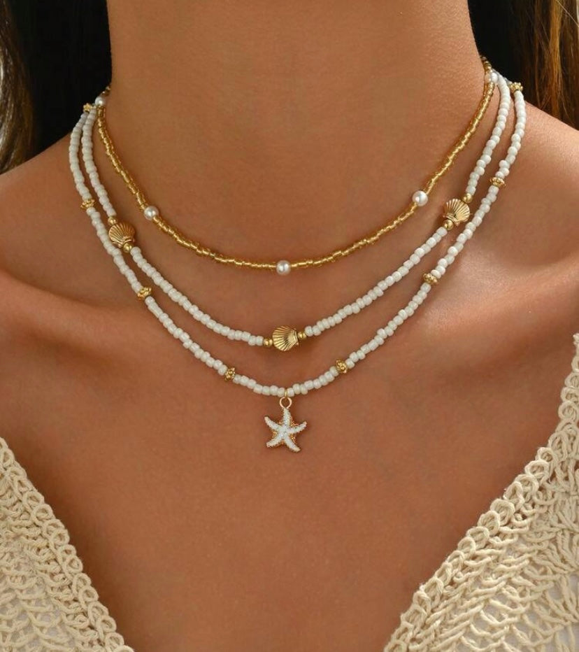 Set 3 piezas collares de cuentas, bahía dorada AG25TS010