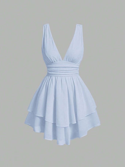 Vestido Unicolor de Cintura con Fruncido de dos Capas GZ04