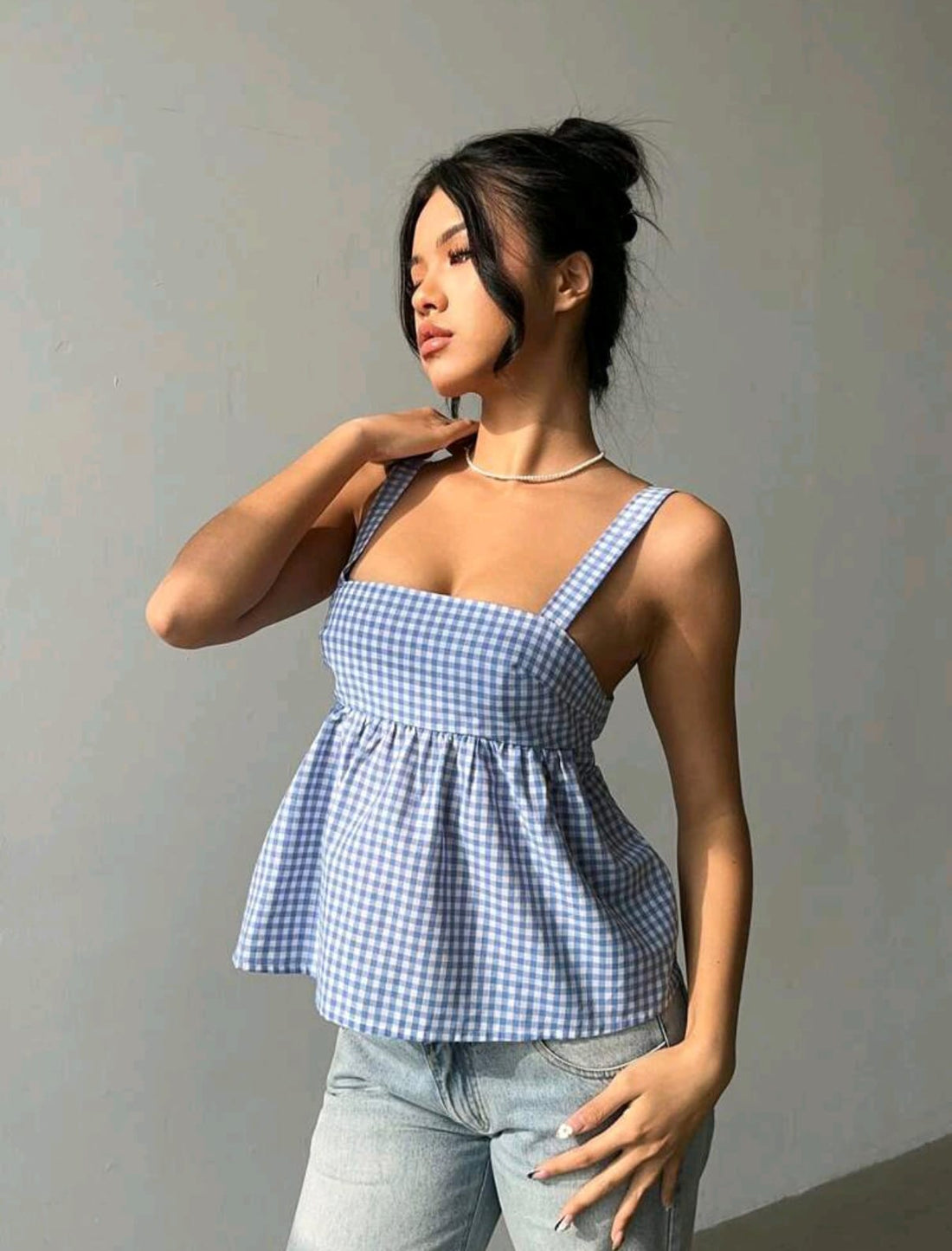 Blusa de verano para mujer a cuadros azul y blanco A25QA04