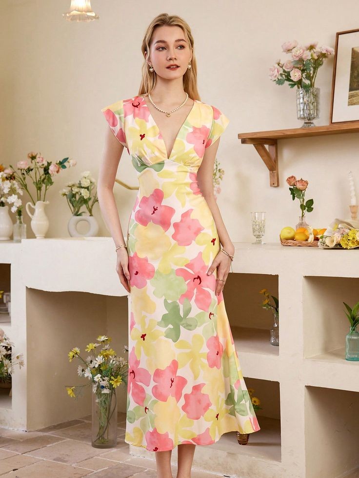 Vestido Floral con Escote en V Profundo  (328)