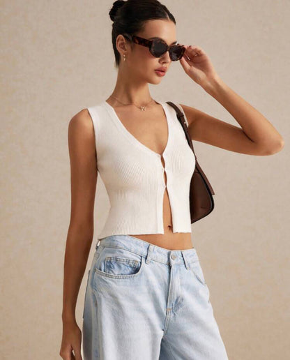 Blusa sin mangas de punto de color liso casual beis A25QH02