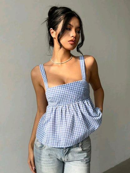 Blusa de verano para mujer a cuadros azul y blanco A25QA04