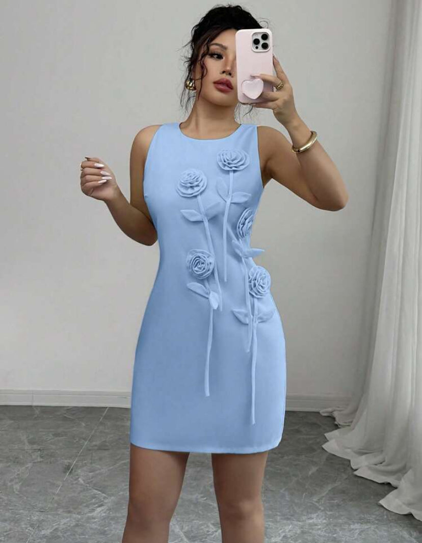 Vestido pegado celeste con flores S25UW09
