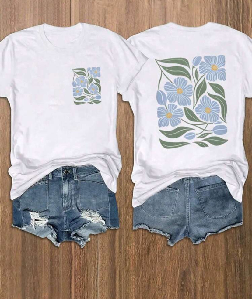 Camiseta unicolor con estampado floral azul vintage A25PT07