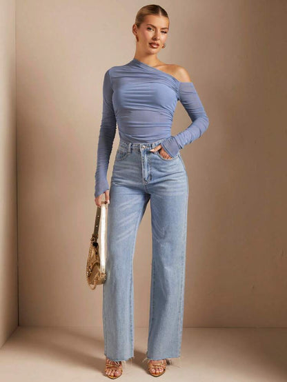 Blusa con pliegues y cuello asimétrico AG25TQ06