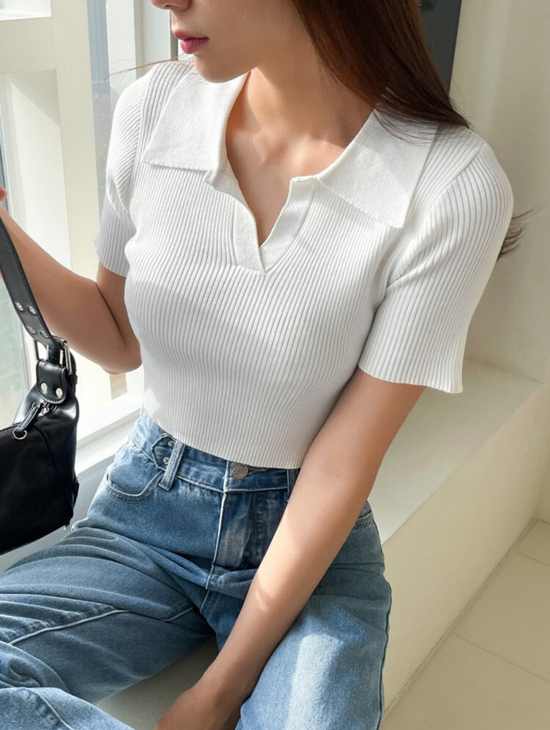 Blusa de punto de manga corta unicolor A25PK07