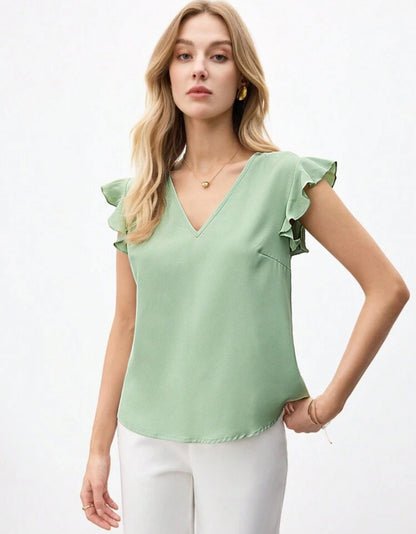 Camiseta casual de cuello V con volantes A25PQ04