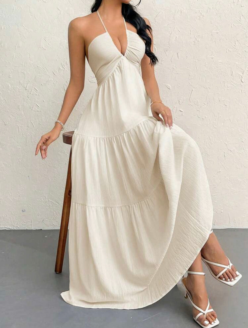 Arena Dorada Vestido de gasa sin espalda con cuello halter M25PB05