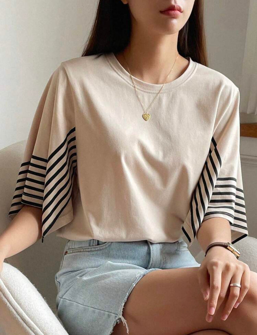Blusa Bloom Camiseta De Cuello Redondo de Rayas M25ÑZ010