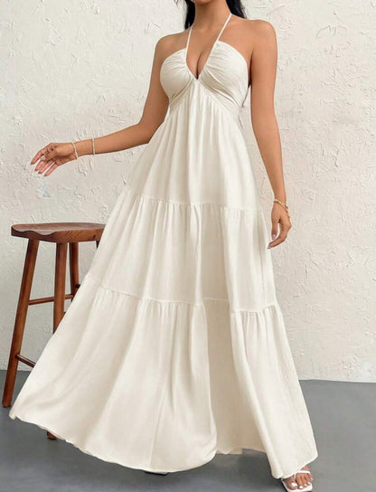 Arena Dorada Vestido de gasa sin espalda con cuello halter M25PB05
