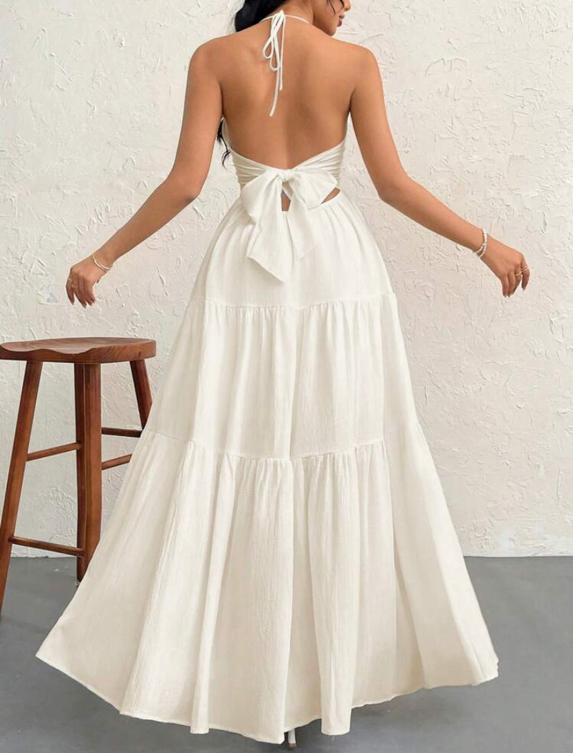 Arena Dorada Vestido de gasa sin espalda con cuello halter M25PB05