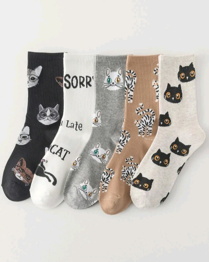 5 Pares Calcetines de Mujer con Estampado de Gato DU07