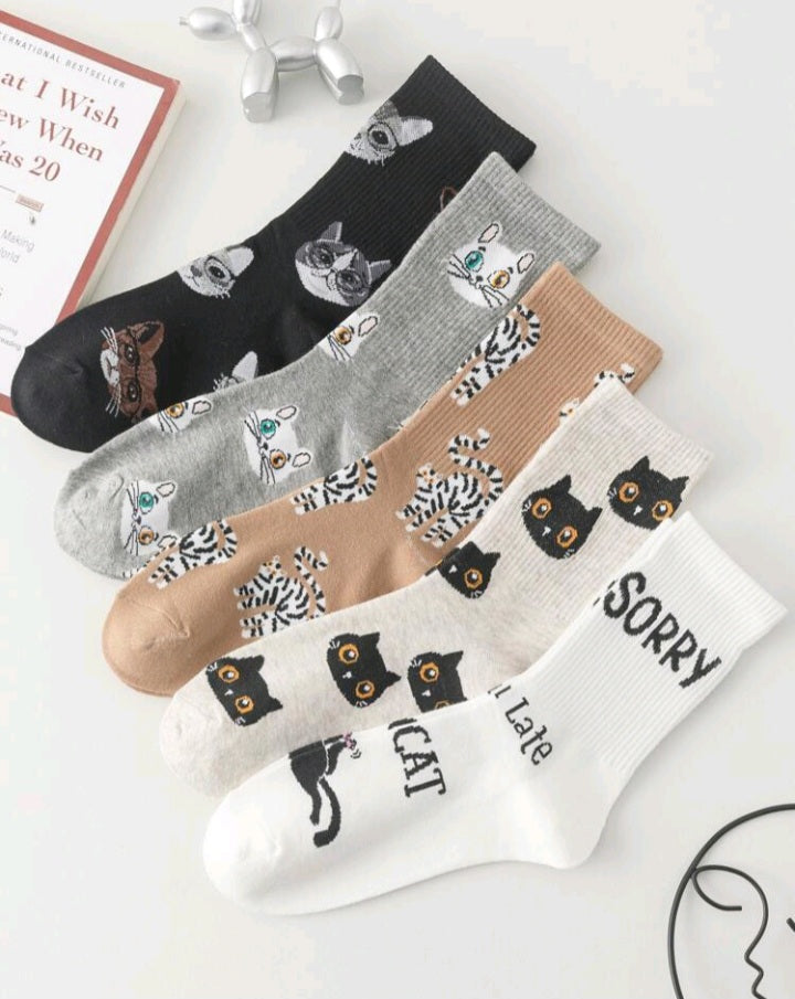 5 Pares Calcetines de Mujer con Estampado de Gato DU07