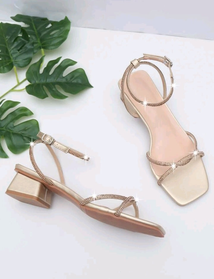 Sandalias de Tacón Grueso con Decoración de Diamantes (906)