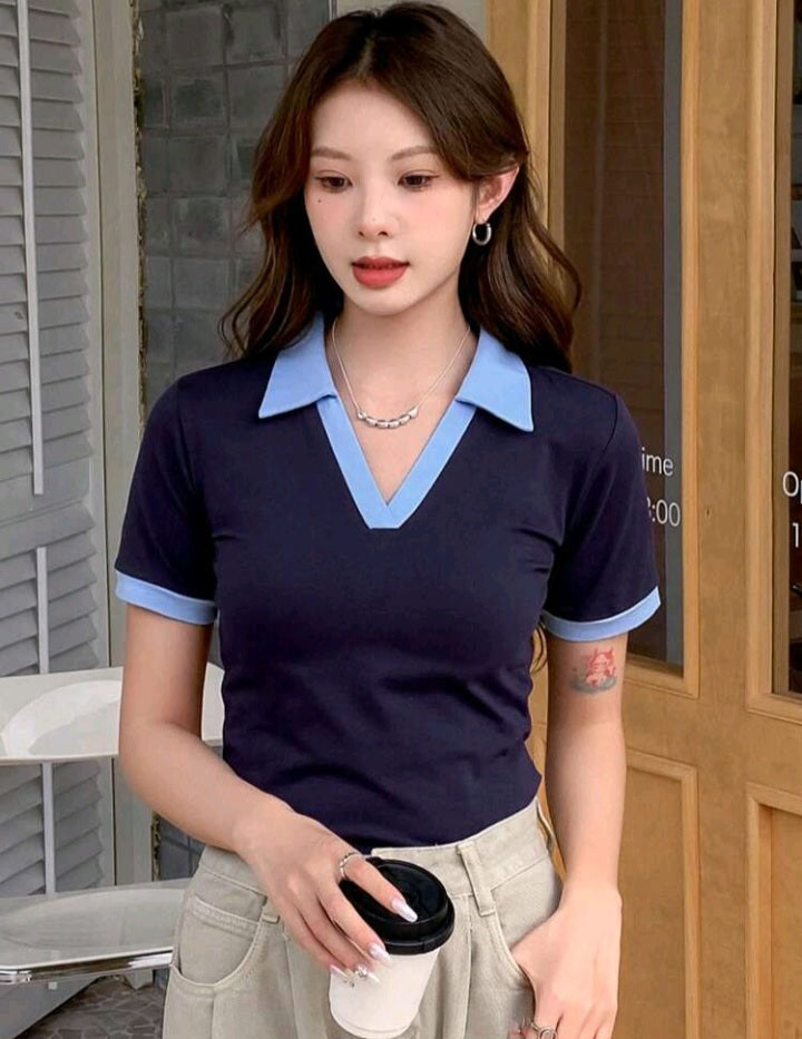 Camiseta Polo de Manga Corta en Contraste de Color HL04