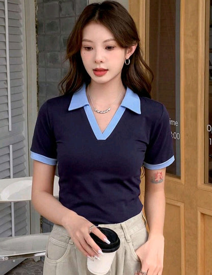 Camiseta Polo de Manga Corta en Contraste de Color HL04