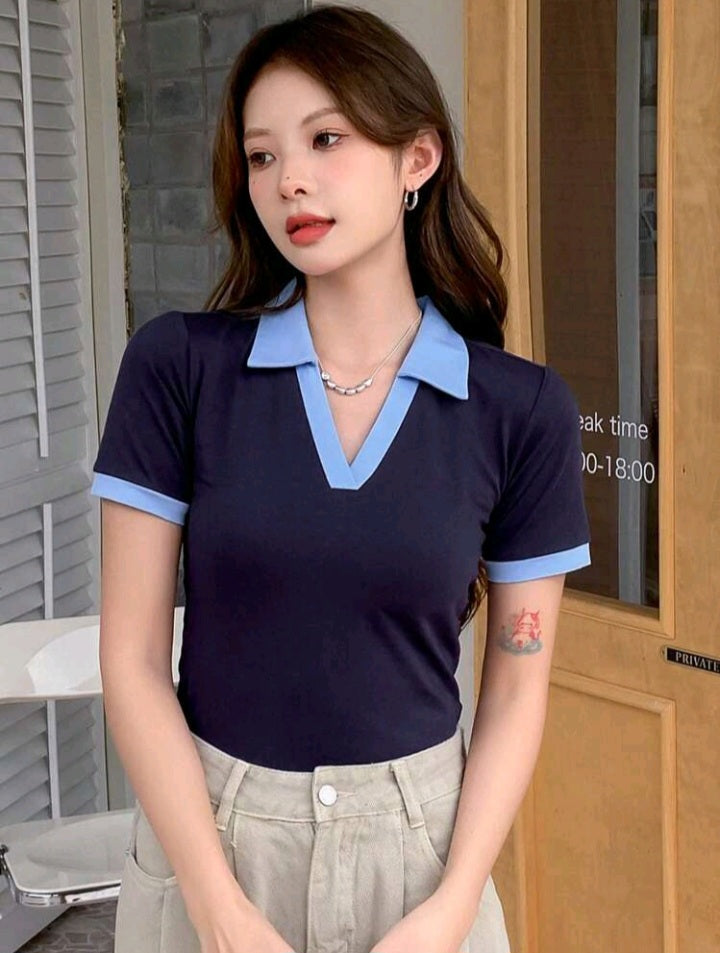 Camiseta Polo de Manga Corta en Contraste de Color HL04