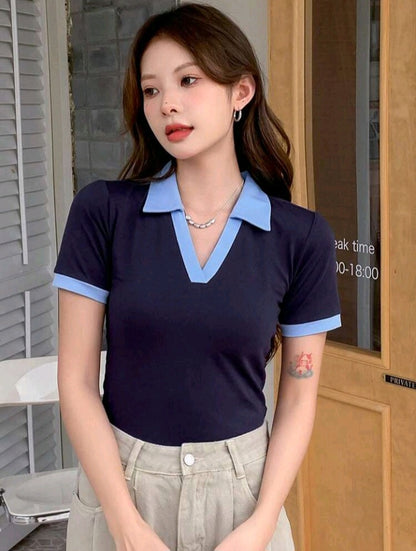 Camiseta Polo de Manga Corta en Contraste de Color HL04
