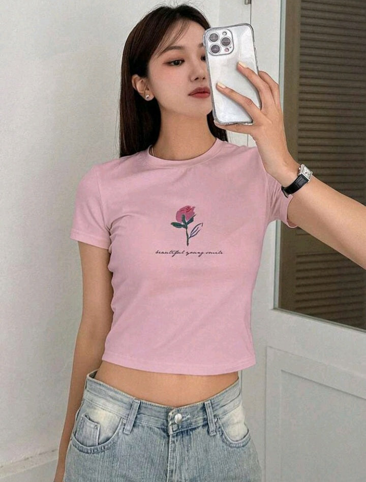 Camiseta de Manga Corta Estampado de Flor E25HÑ05