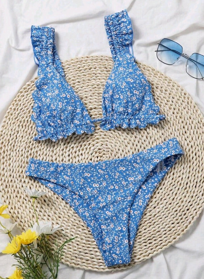 Bikini Triangulo Ribete Fruncido Floral GQ06